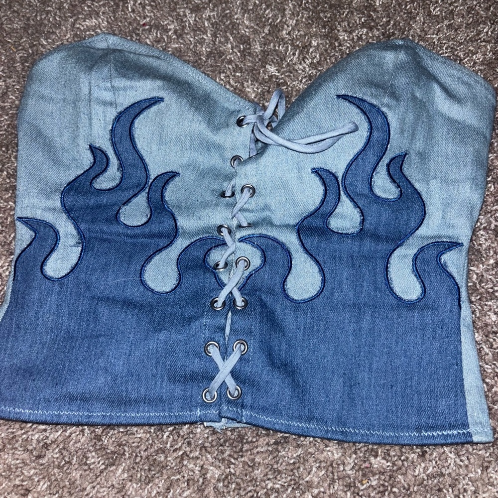 White Fox Boutique Blue Crop Top with Lace-Up Detail